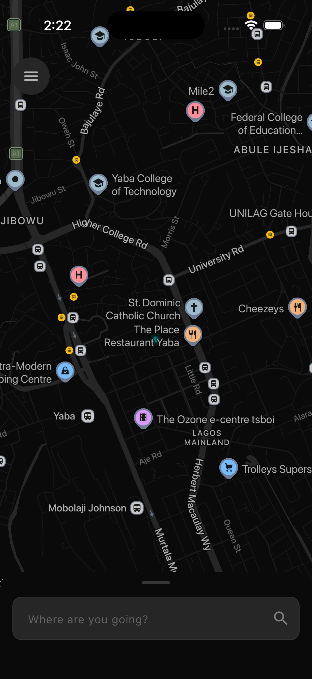 Lagos streets and destinations shown in the TagRides app.