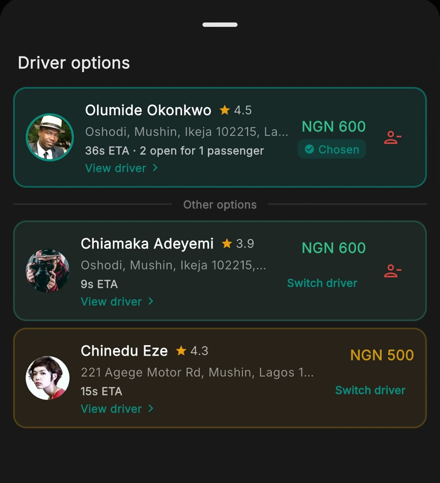 The TagRides Driver options panel showing a chosen driver and two other options, with ratings and example fares.
