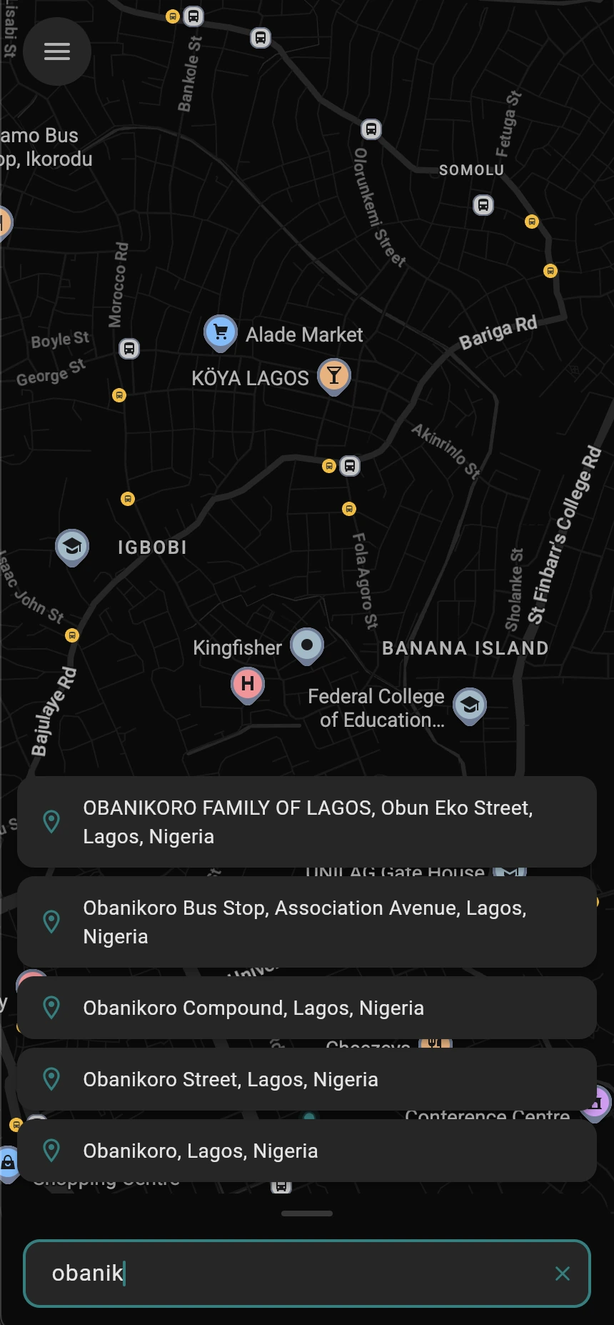 A destination search in the TagRides app.
