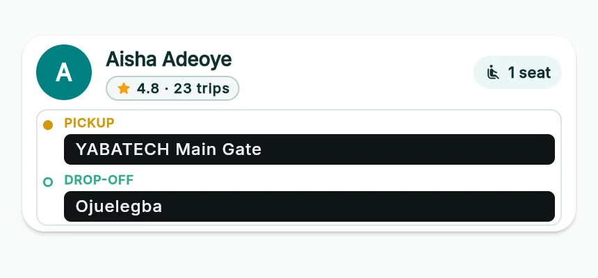 Rider information panel with Aisha Adeoye, rating, one requested seat and pickup/drop-off.