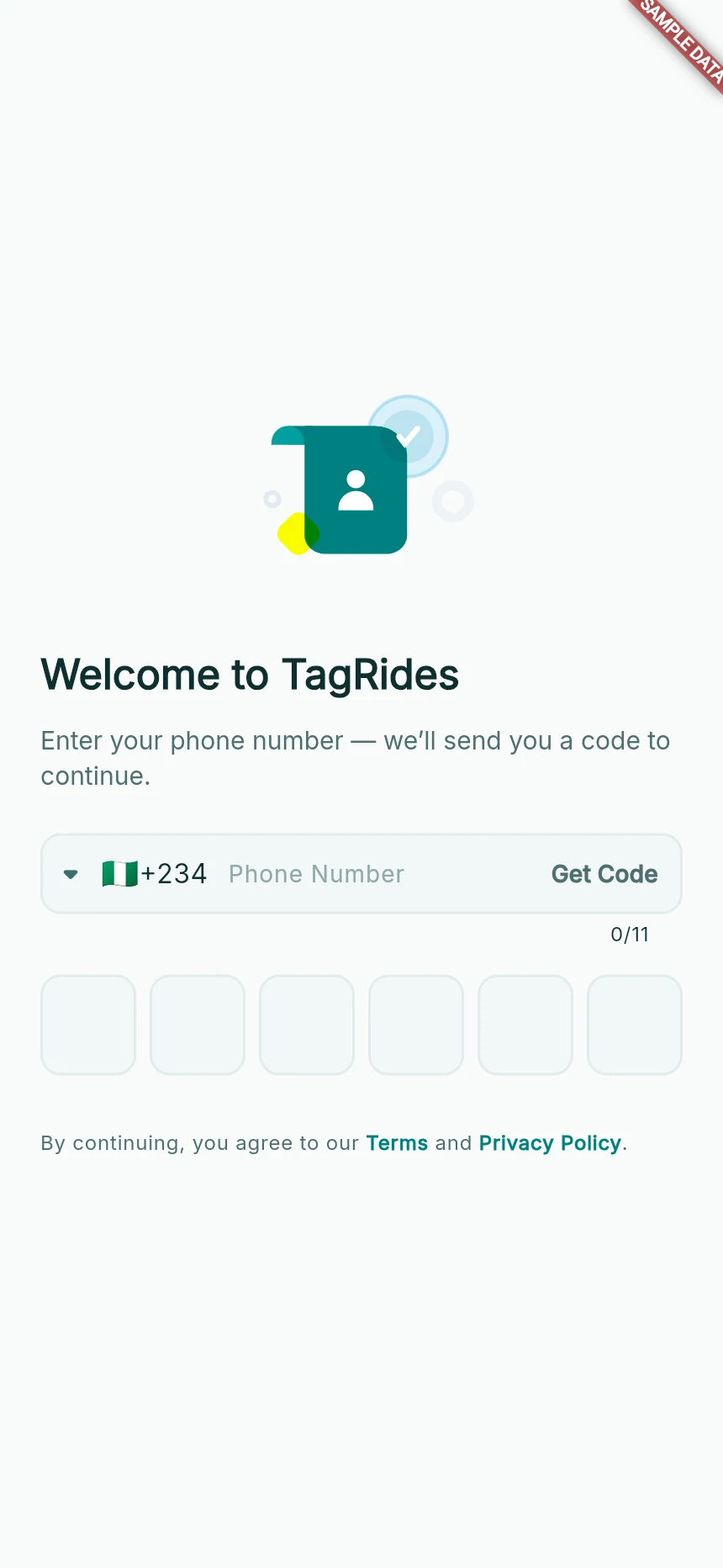 TagRides sign-in with Nigeria country code, phone number, Get Code and six code boxes.