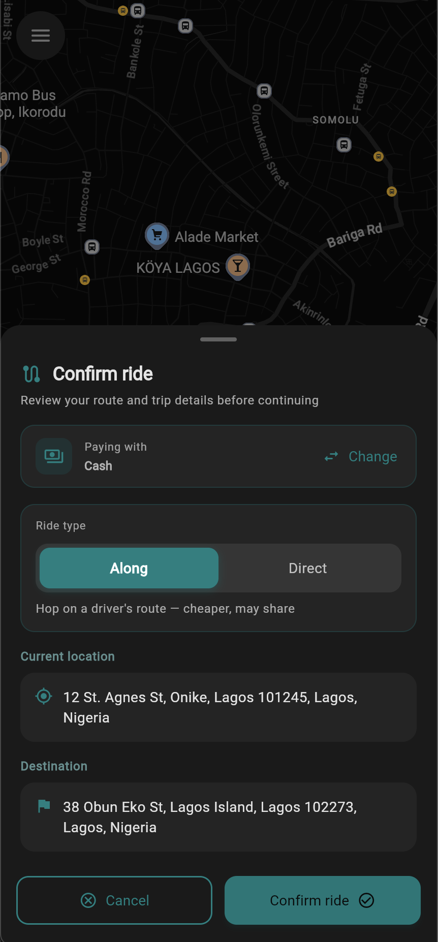 TagRides Along or Direct ride confirmation screen