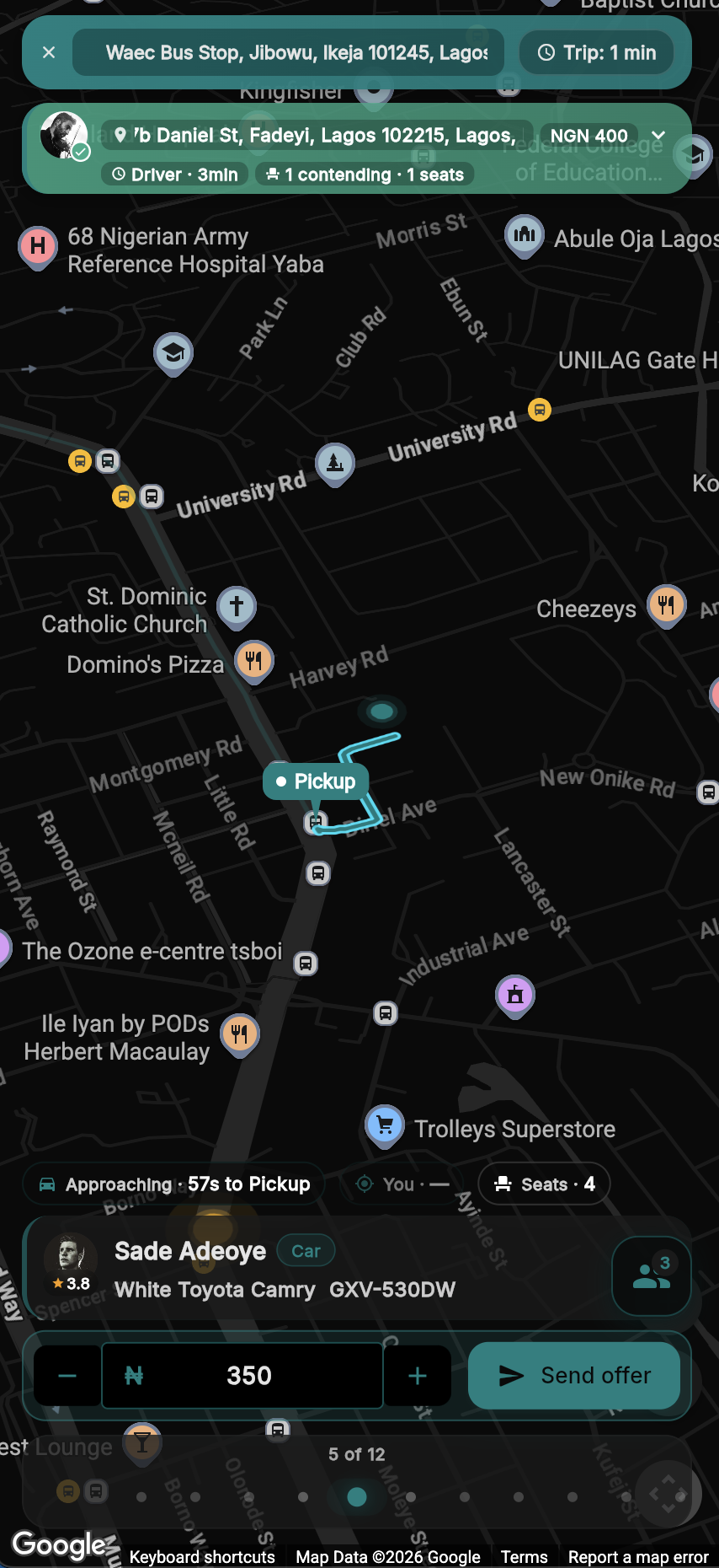 TagRides fare offer screen with route-matched drivers
