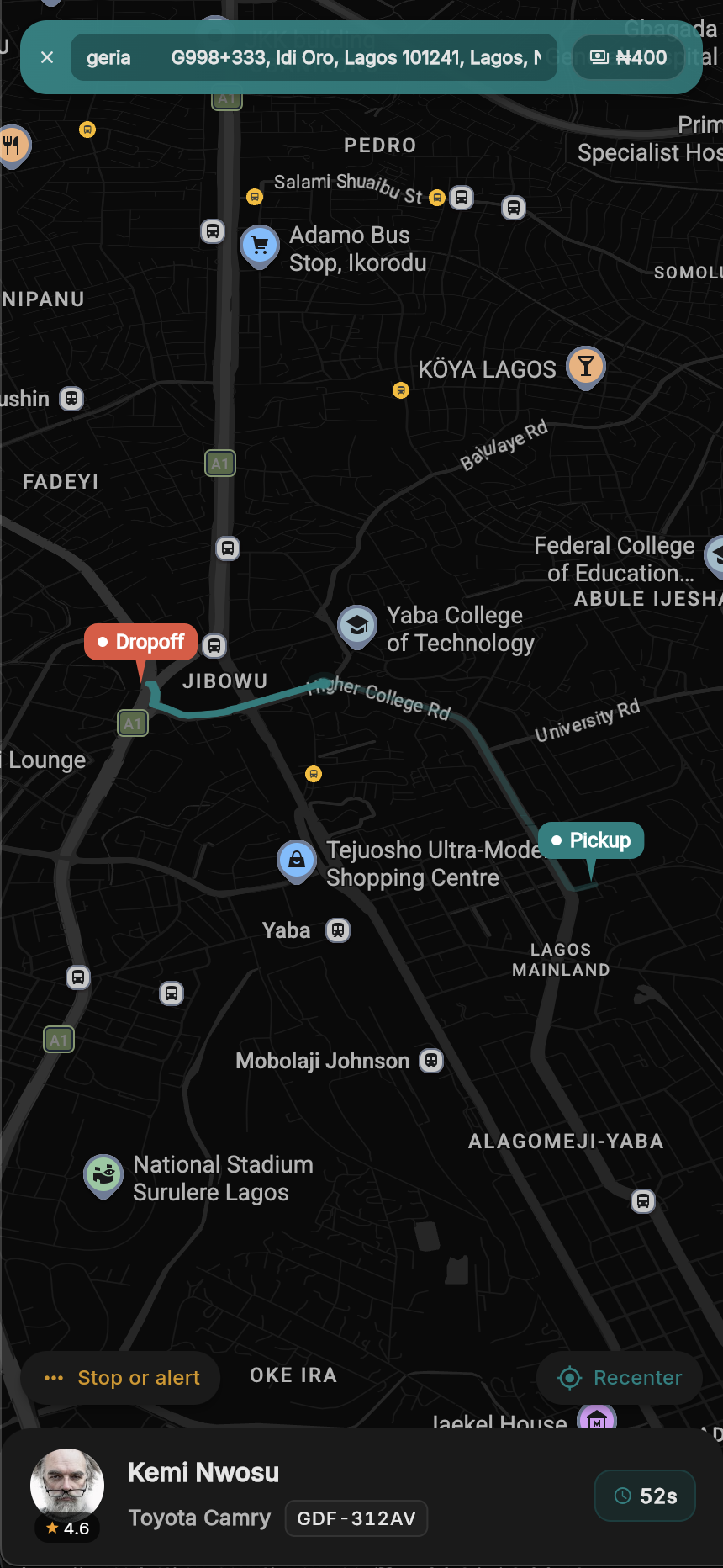 TagRides live route tracking screen showing a Lagos pickup and drop-off